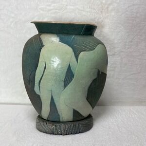Unique Pottery Ceramic Signed Vase Abstract Design‎ Nude Couple Textured Base